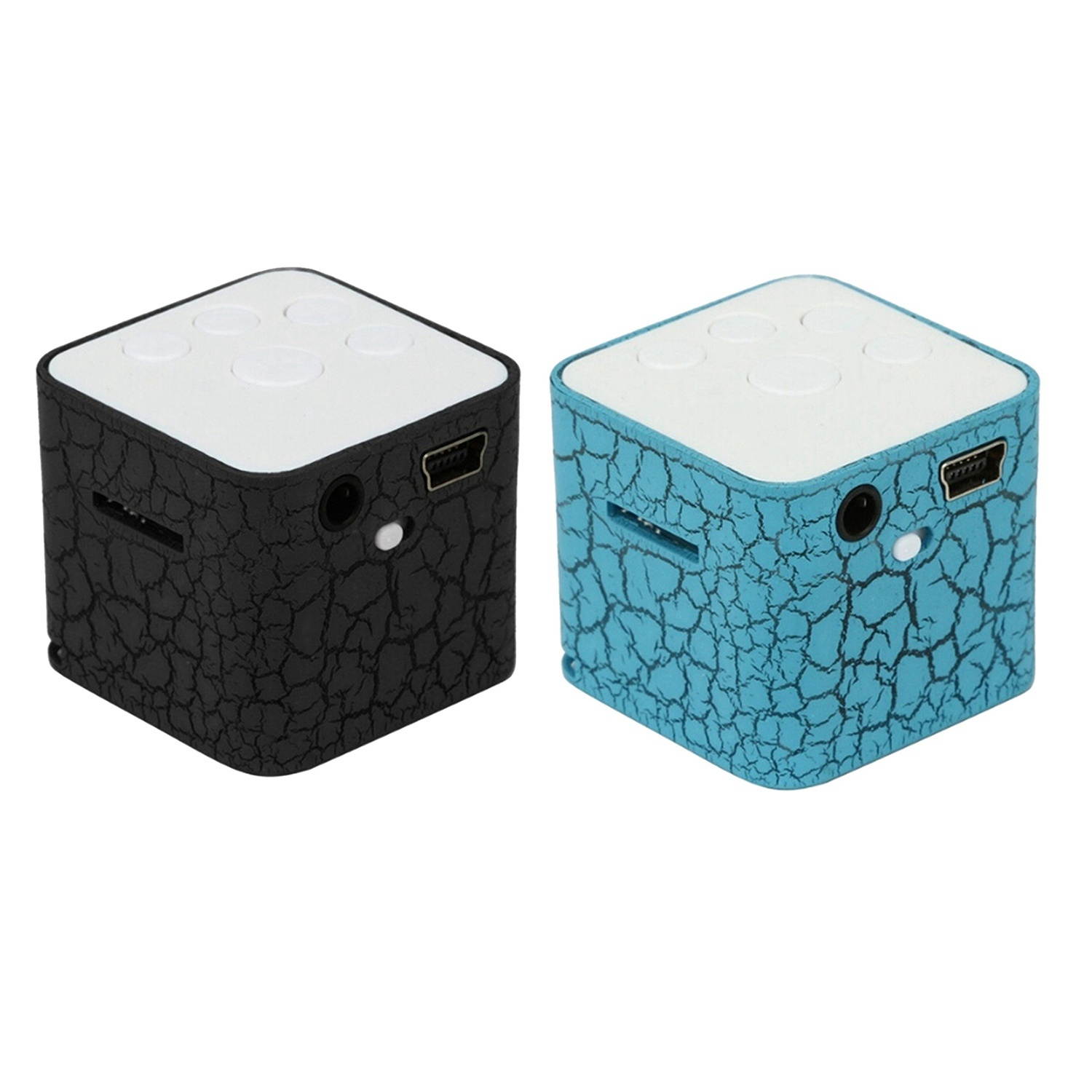 2 Pcs External Sound 120Mah Mini USB 4H MP3 Player 32X30X30mm Colorful Light 3.5mm Mp3 Music Player Support TF SD Card with Speakers, Black & Blue