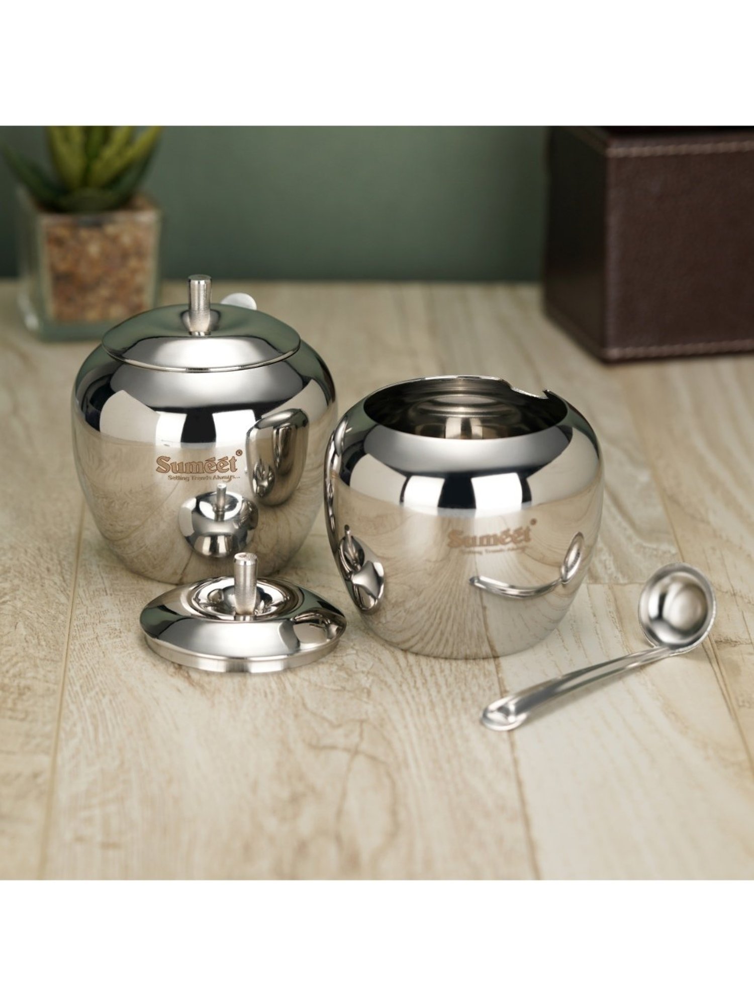 Sumeet S.S.Apple Shape Ghee&Oil Pot,Storage Container with Spoon for Kitchen,7.5cm,220ML-(Pack of 2)