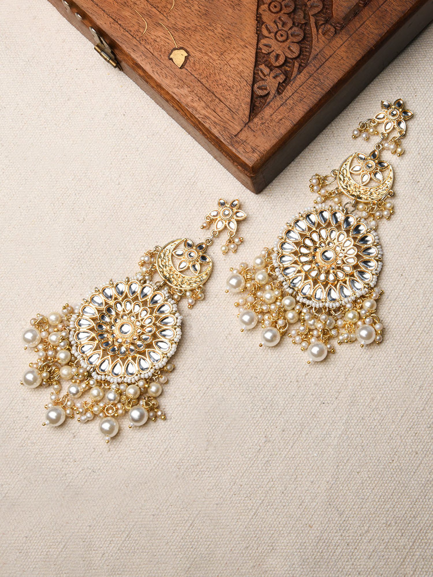 Fida Floral Chand Golden and Pearl White Dangler Earrings
