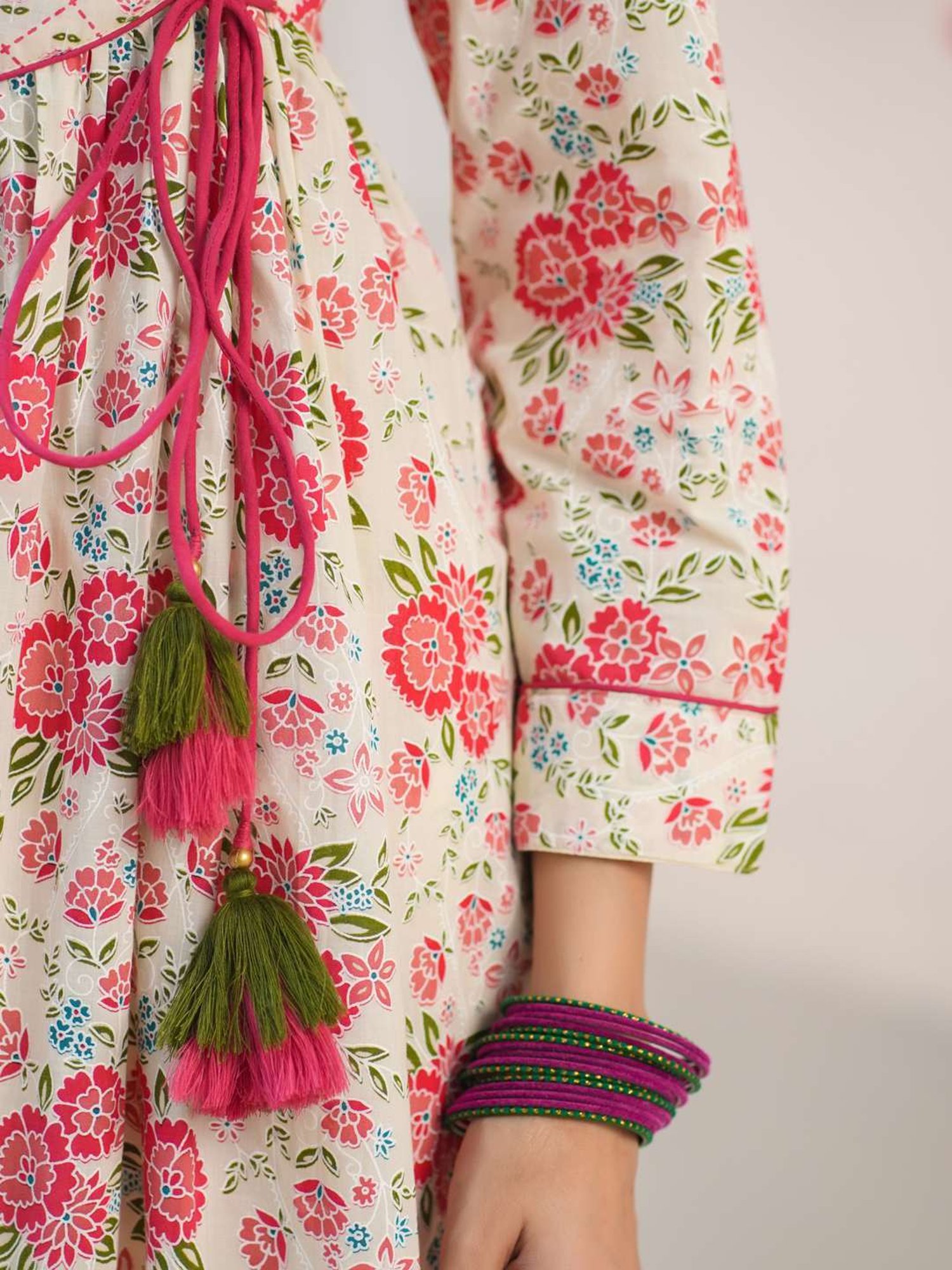 Rain and Rainbow Cream Cotton Embroidered Kurta & Salwar Set With Dupatta