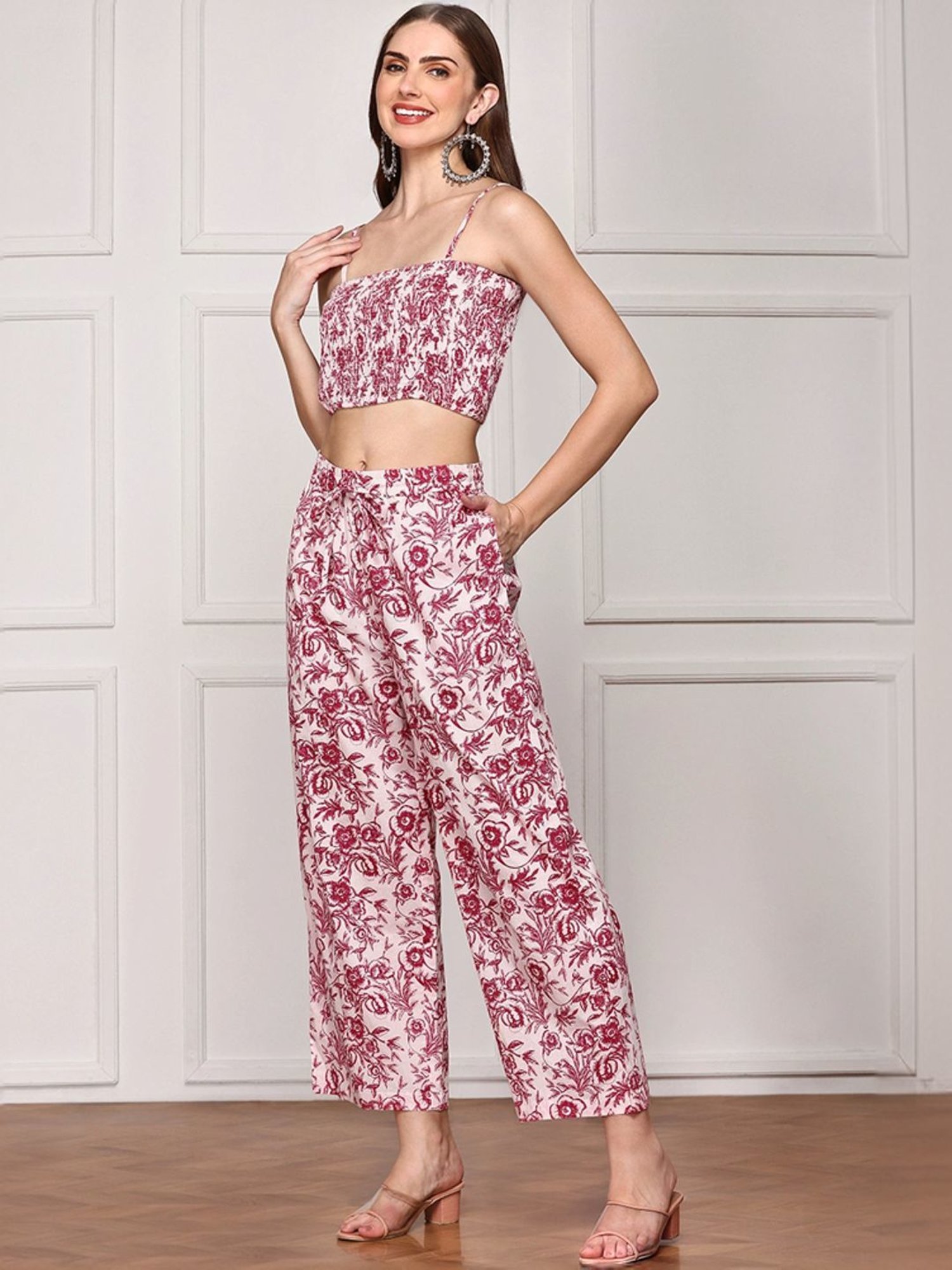 Ishin Pink Floral Print Crop Top & Pants Set with Jacket