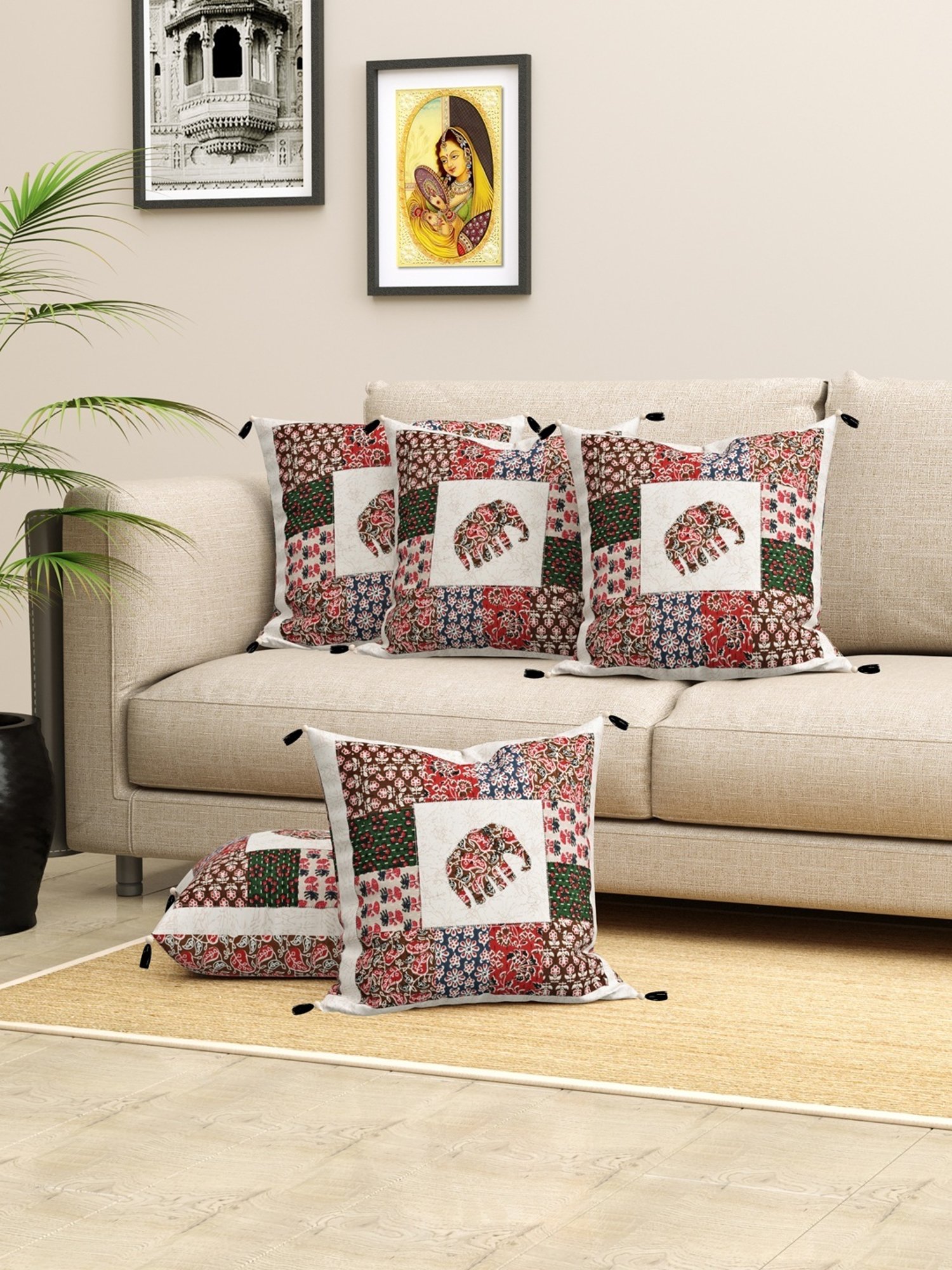 Living Roots Jaipuri Multicolor Cotton Cushion Covers - Set of 5