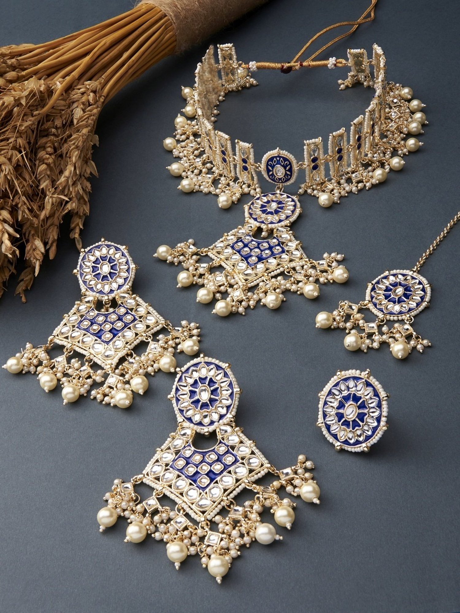 Zaveri Pearls Blue Meenakari Dazzling Kundan Necklace, Earring, Maangtikka & Ring Set