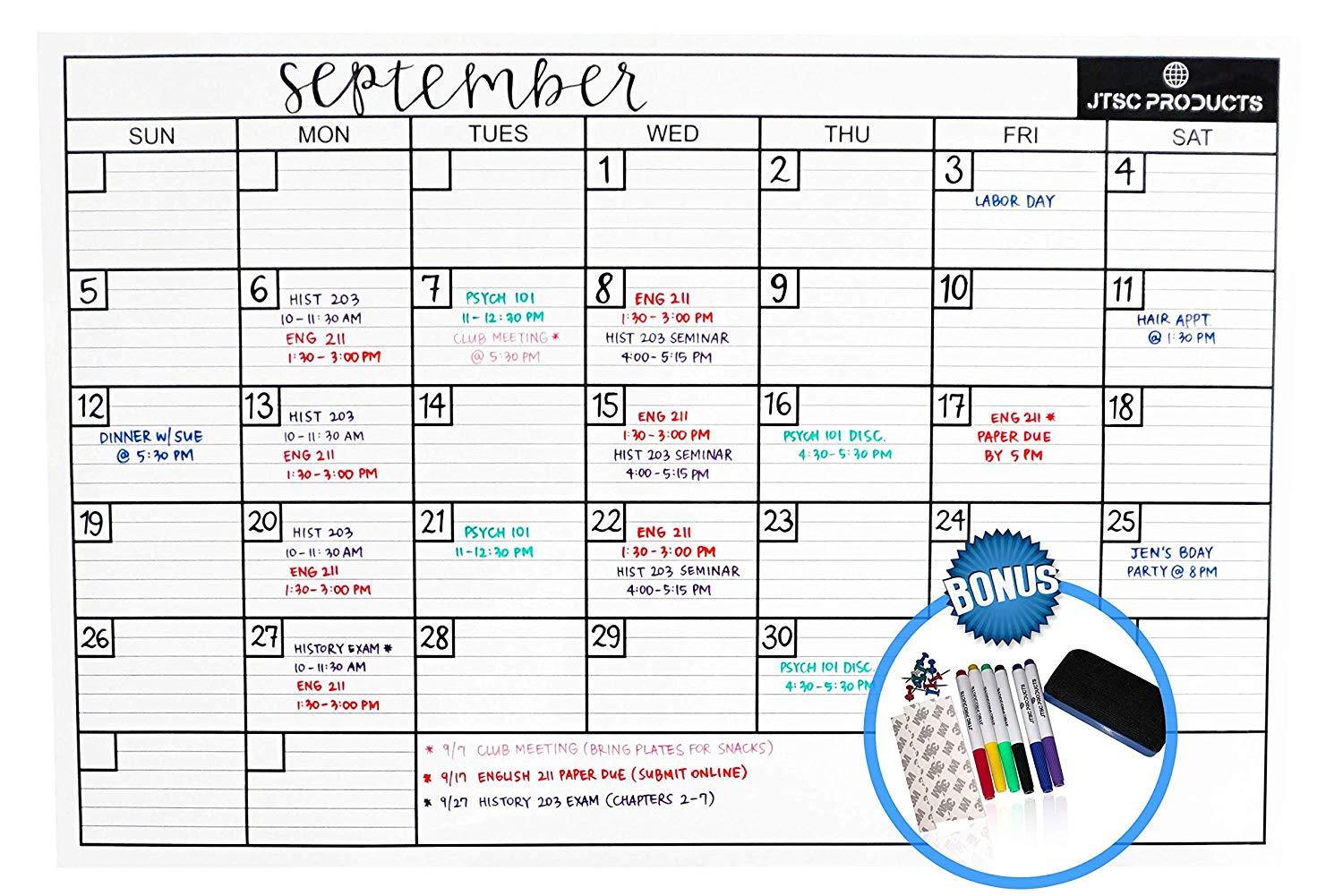 Dry Erase Wall Calendar by JTSCProducts -Jumbo 24x36 in Monthly Planner for Home, School and Office - Reusable Laminated Nano Premium PET Film -Bonus 6 Markers, Dry Eraser, Thumb pins and 3M Tape