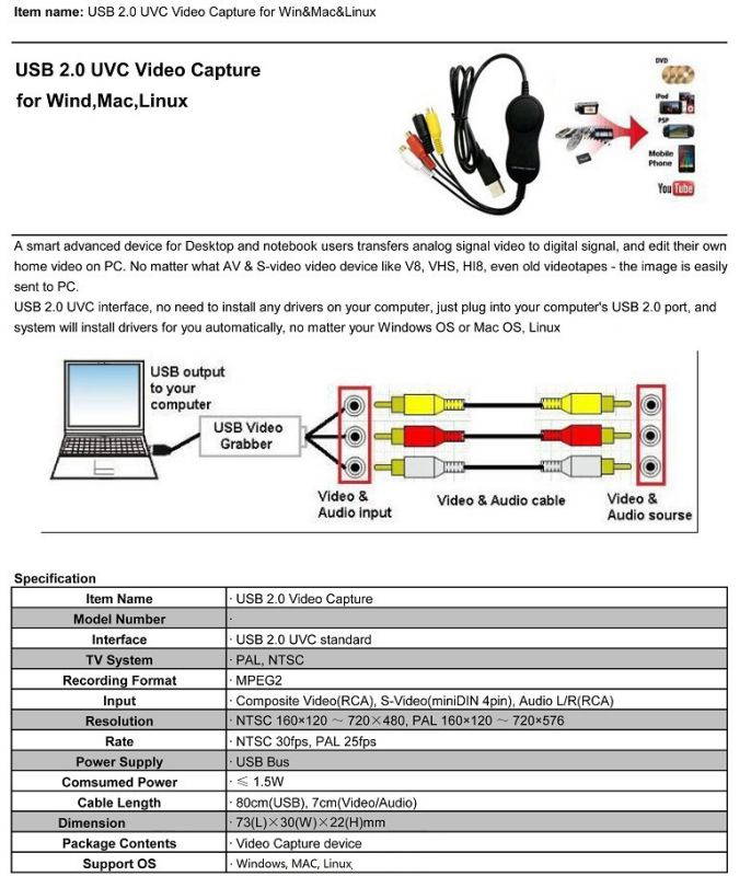 Ezcap158 USB Audio Video Recording Card UVC Video Capture Convert Analog Video Audio to Digital format for XBOX VHS PS3
