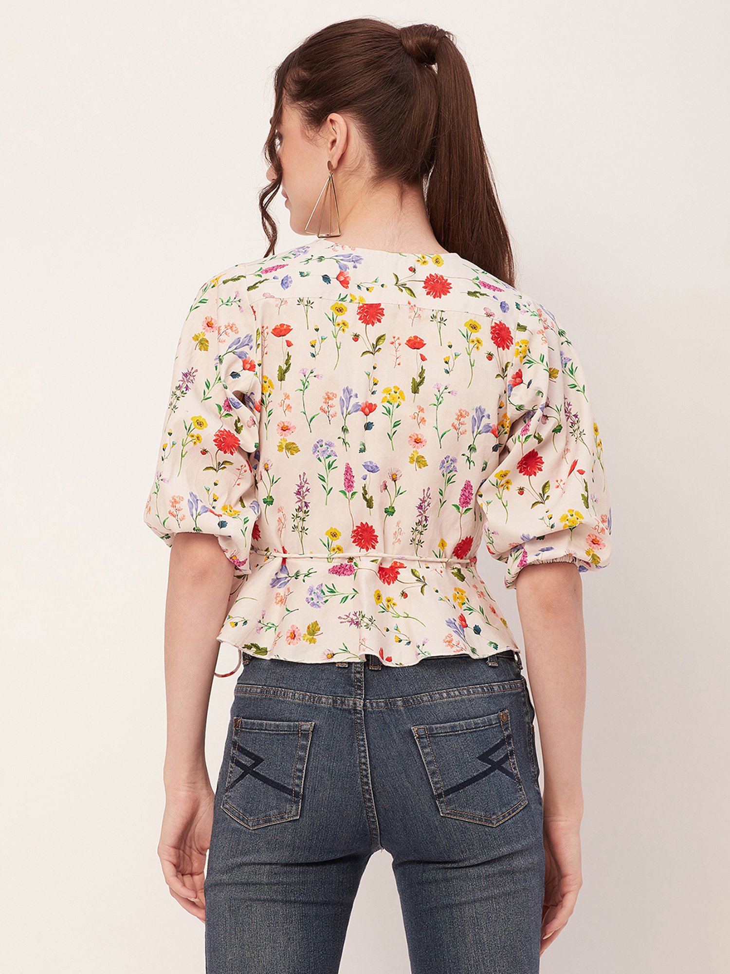 Moomaya Off White Floral Print Crop Top