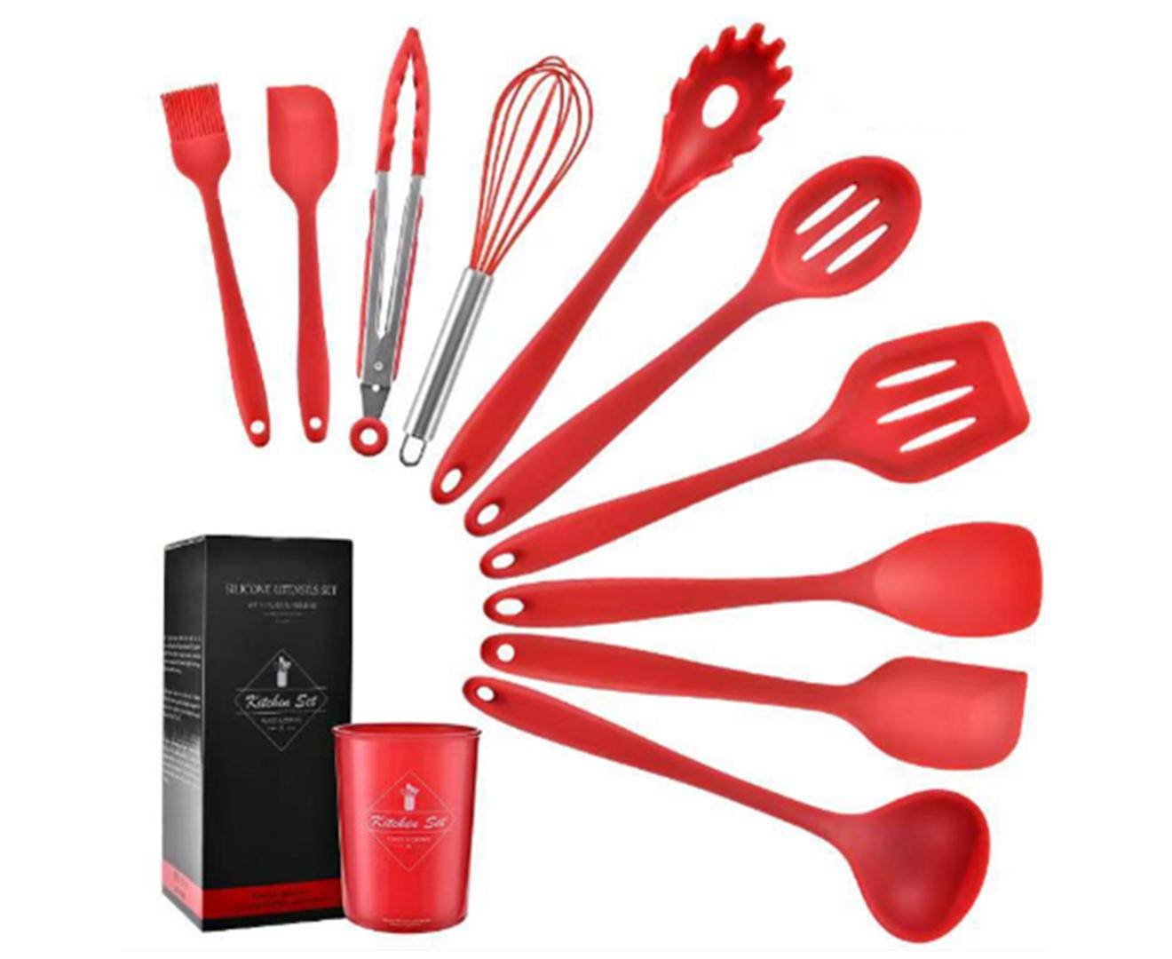 Select Mall 10PCS Set Kitchenware Silicone Kitchenware Non-stick Silicone Shovel Spoon Kitchen Tool with Storage Bucket-Red