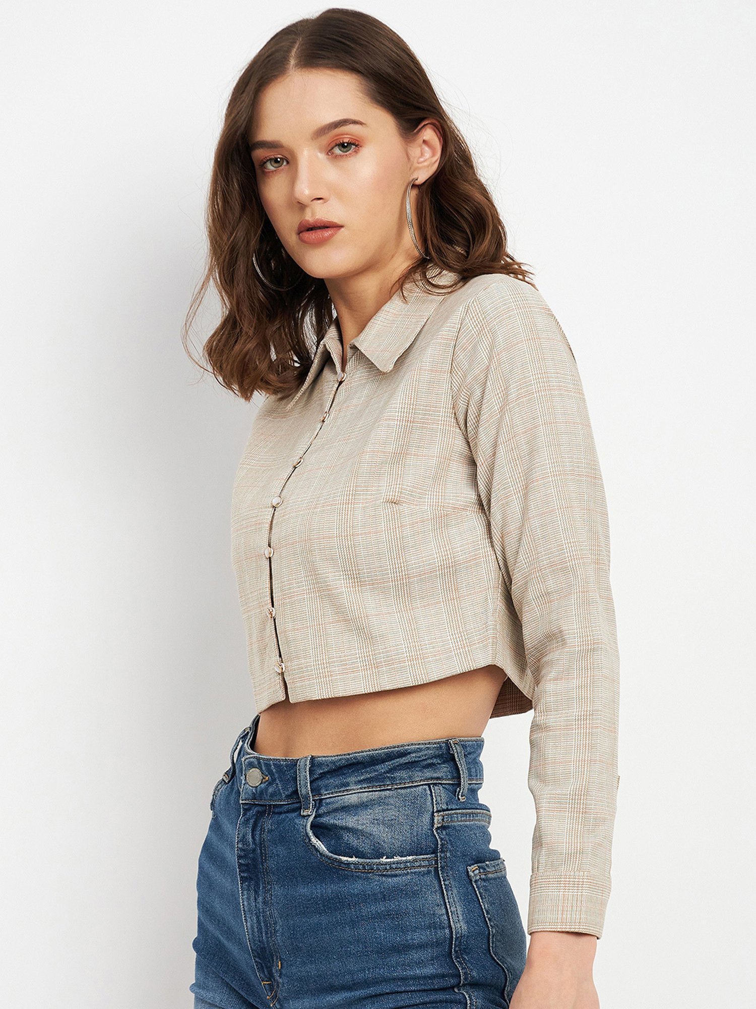 MADAME Beige Checks Crop Top