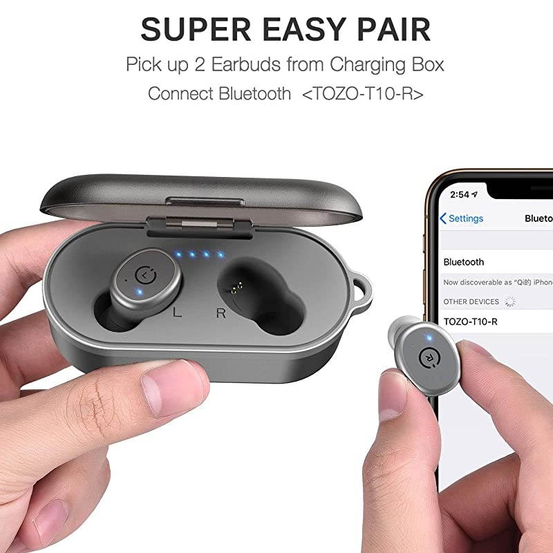T10 Bluetooth 5.0 Wireless Earbuds with Wireless Charging Case IPX8 Waterproof TWS Stereo Headphones in Ear Built in Mic Headset Premium Sound with Deep Bass for Sport Gray