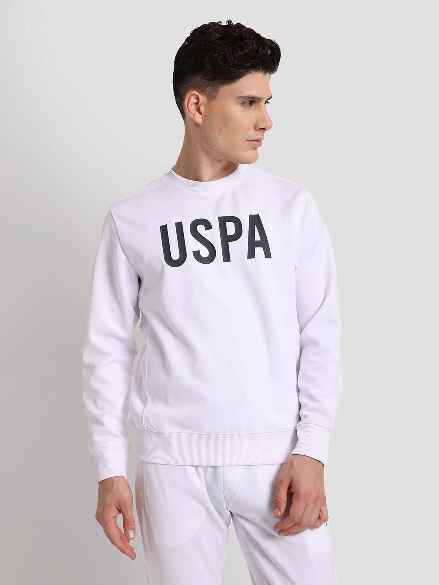 U.S. Polo Assn. White Regular Fit Round Neck Athletic Sweatshirt