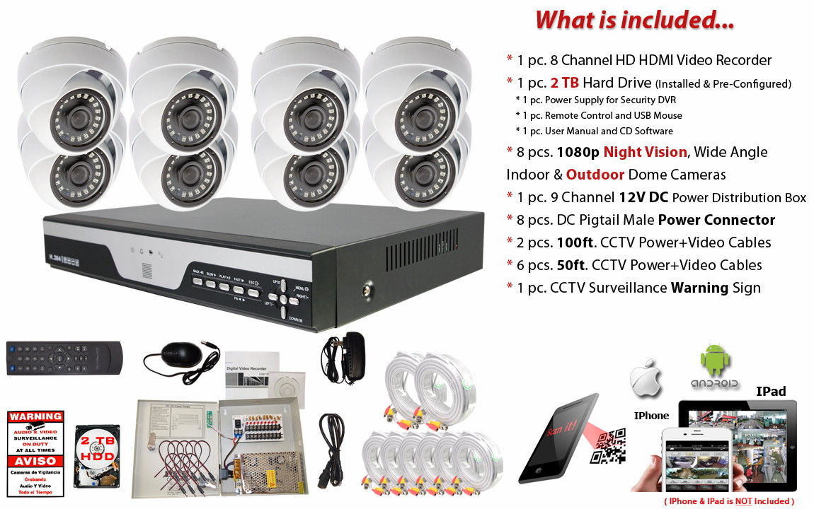 Evertech 8 Channel Surveillance System 2TB Hard Drive 1080p Wide Angle Indoor Outdoor Dome Cameras
