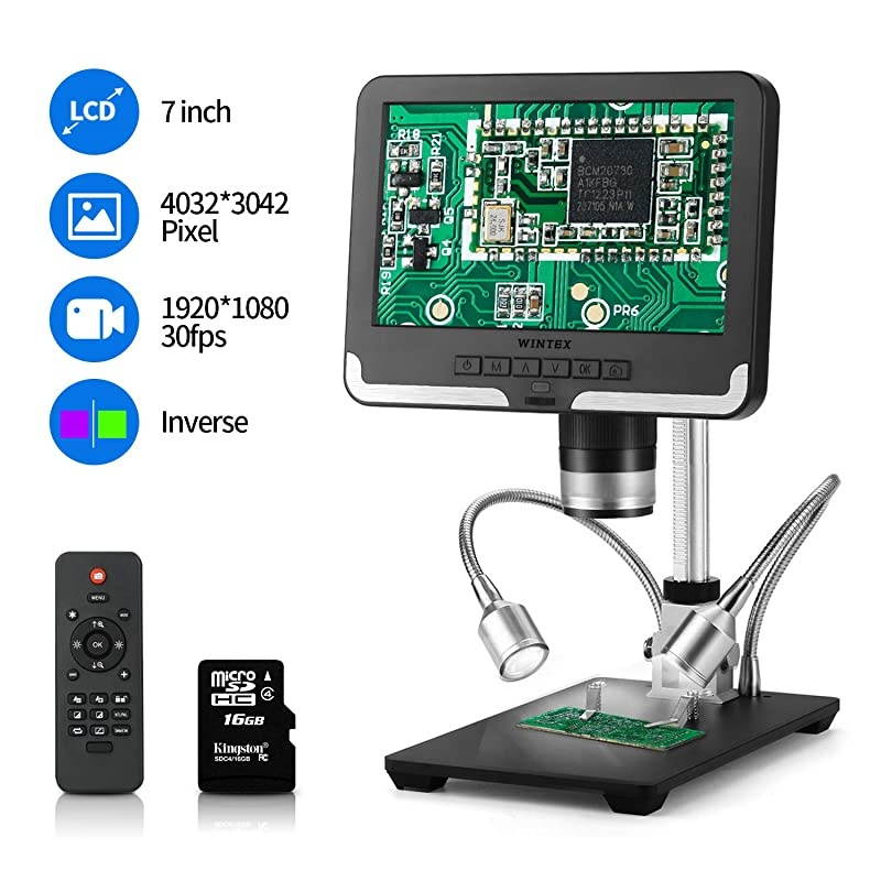 Digital Microscope 7inch 1080P LCD Screen  USB Scope with Camera Video Recorder Magnification Base LED Light for Student Teaching JewelryCoin Observation Circuit Repair 16G SD Card