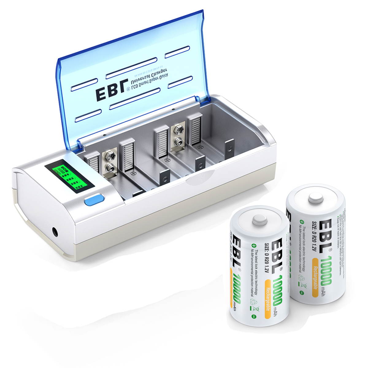 EBL 2Pcs D Cells 10000mAh Rechargeable Batteries with C D 9V AA AAA Battery Charger