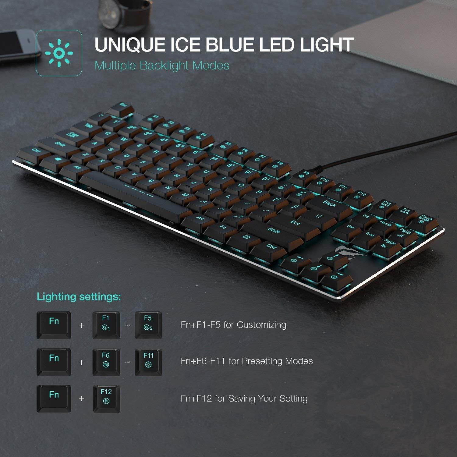 Mechanical Keyboard HAVIT Backlit Wired Gaming Keyboard Extra-Thin & Light, Kailh Latest Low Profile Blue Switches, 87 Keys N-Key Rollover (Black)