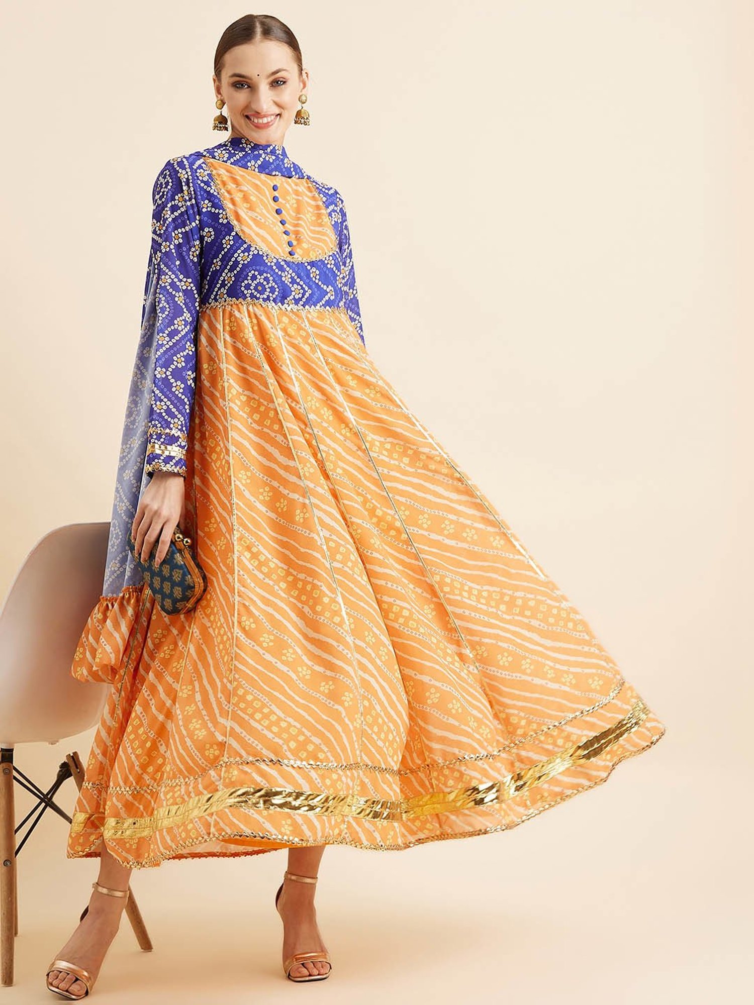 PANIT Orange & Blue Printed Ethnic Dress With Dupatta
