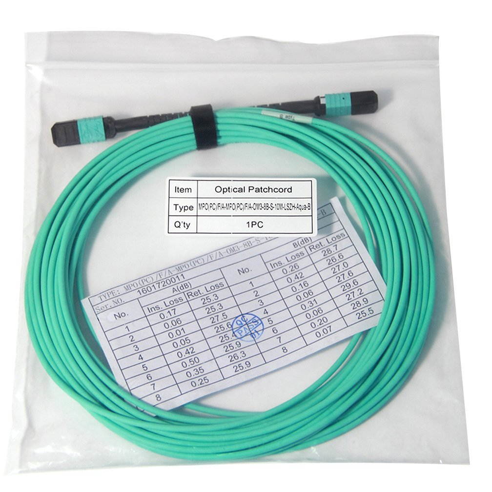 MPO-MPO Patch Cord, OM3 Multimode Fiber, 8-core Fiber for QSFP+ Transceivers, 10-Meter, 10 Packs
