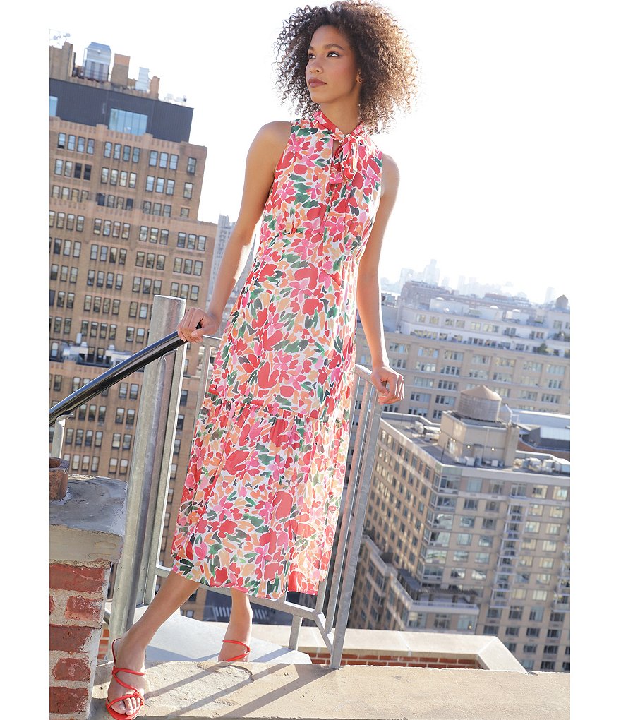 Maggy London Keyhole Tie Neck Sleeveless Floral Midi Dress