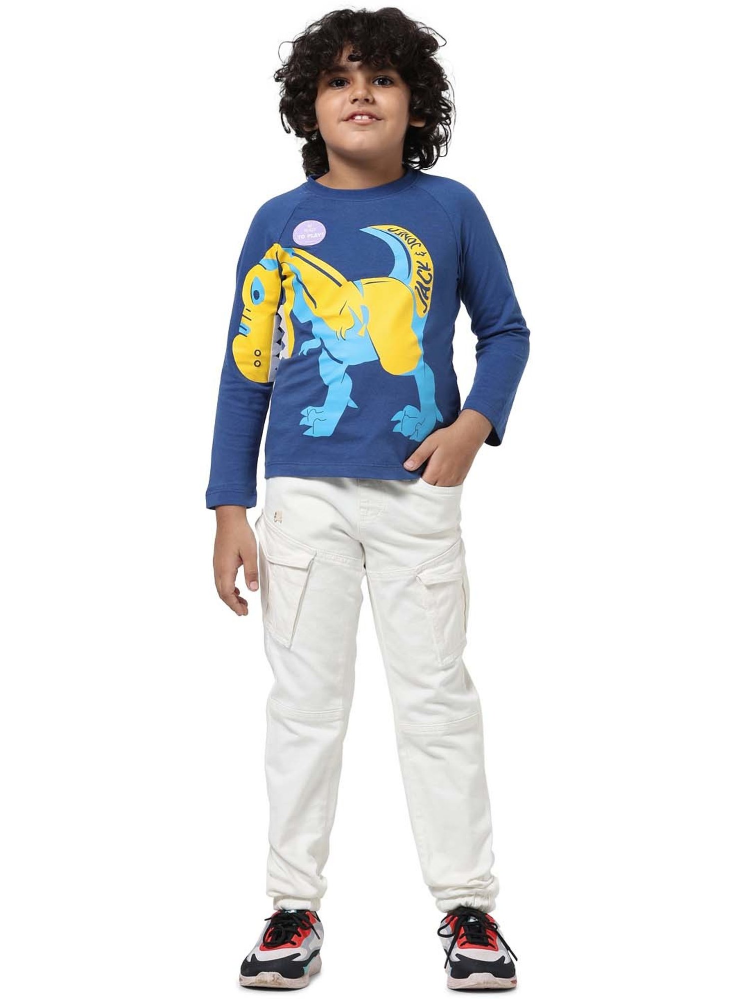 Jack & Jones Junior Blue & Yellow Cotton Printed Full Sleeves T-Shirt