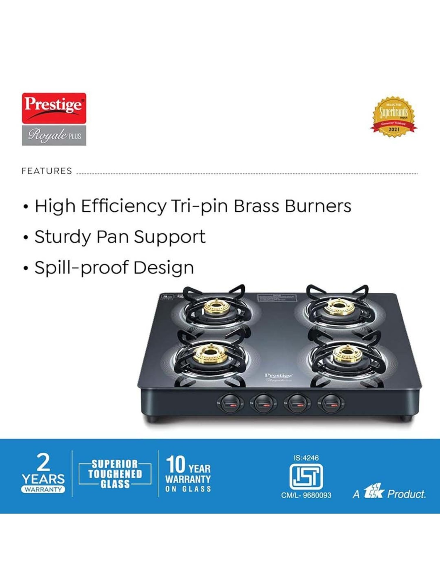Prestige Black Glass Royale Plus Gt 04 Toughened Top Gas Stove With 4 Burners