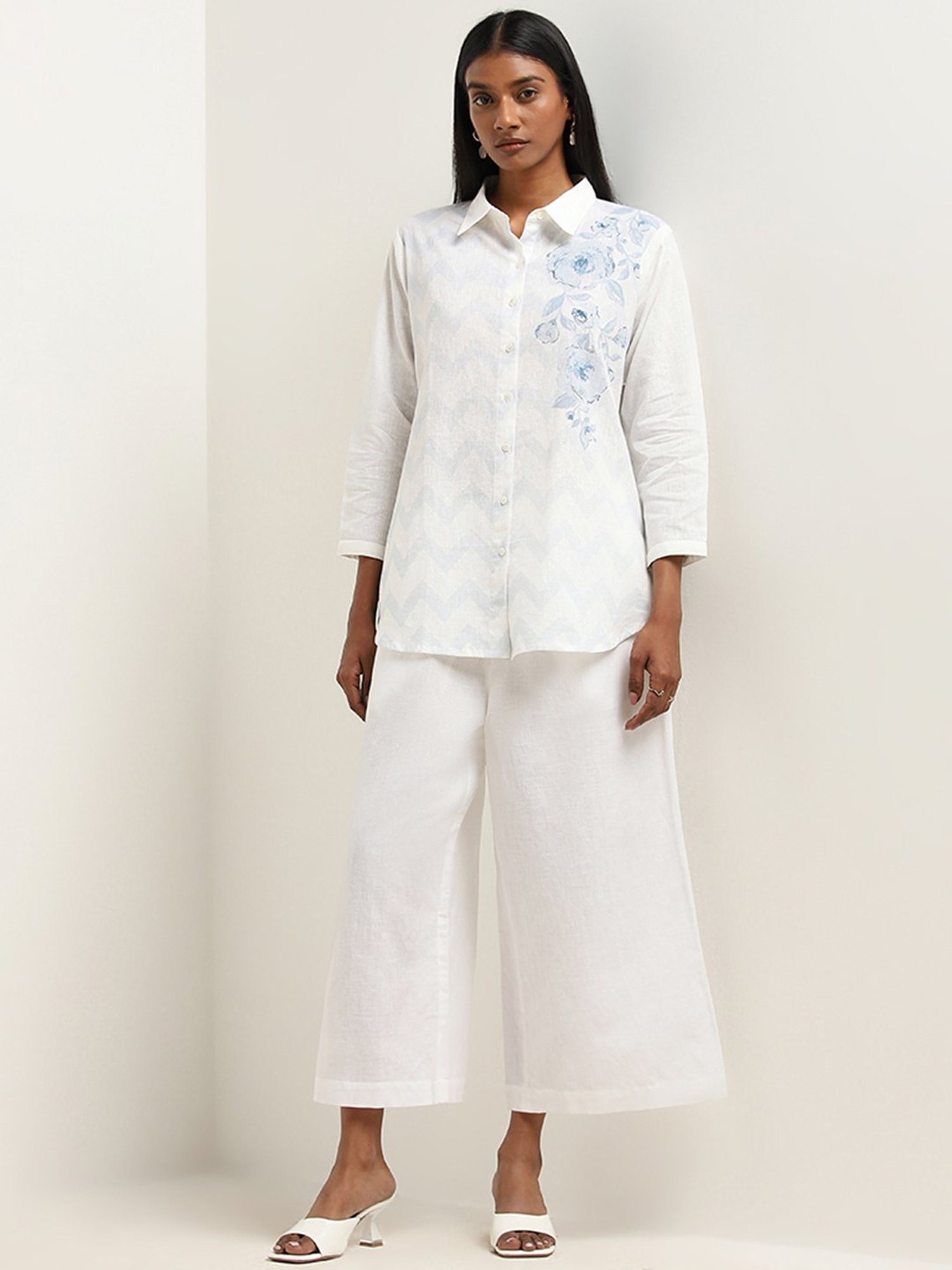 Zuba by Westside Blue Floral Printed Straight Cotton Tunic