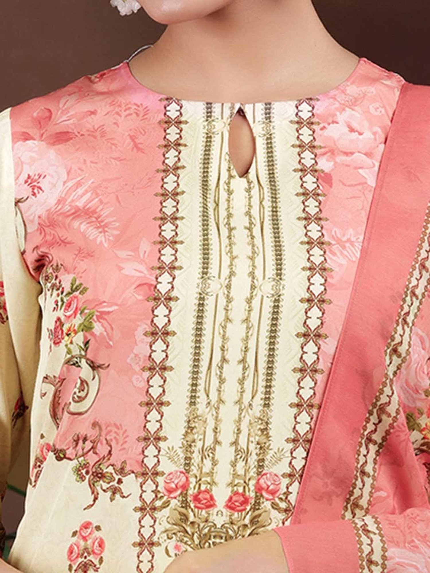 Libas Beige & Pink Floral Print Kurta With Pant & Dupatta