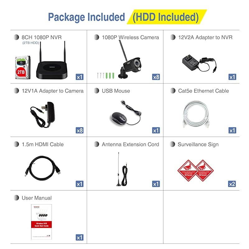 3MP & 2 Way Audio]  Ultra HD Security Camera System Wireless,8CH NVR Recorder with 2TB HDD and 8PCS 3MP Outdoor Bullet Cameras with PIR Sensor,Floodlight,Plug and Play,Easy Installation(Black)