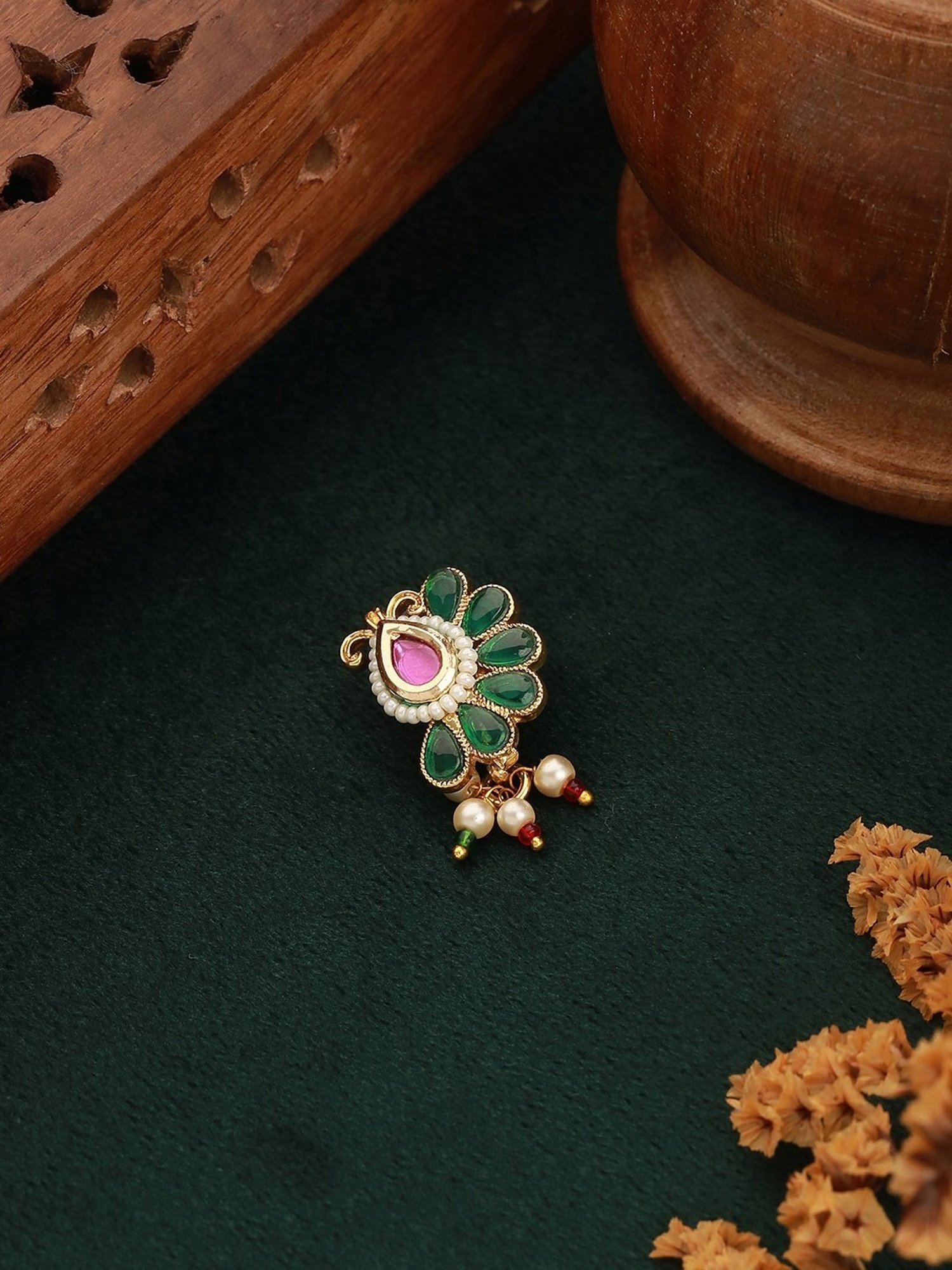 Aatmana Green & Pink Gold-Plated White Kundan Nosepin - Set of 2