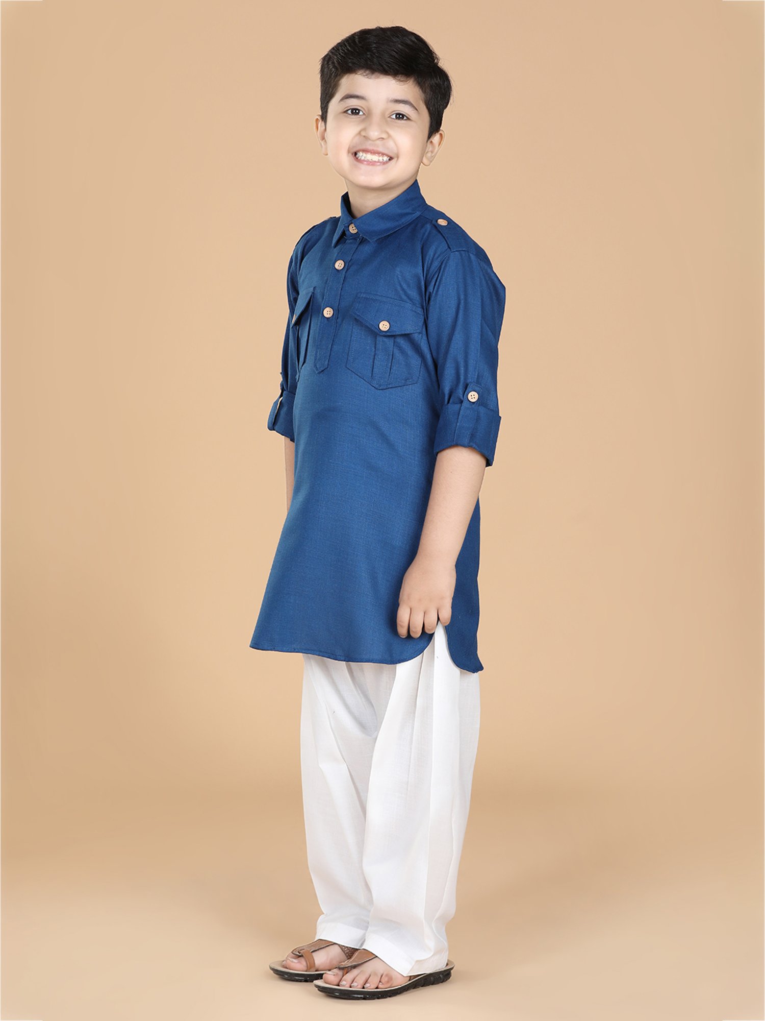 VASTRAMAY Boys Yellow & White Cotton Printed Full Sleeves Kurta Sets