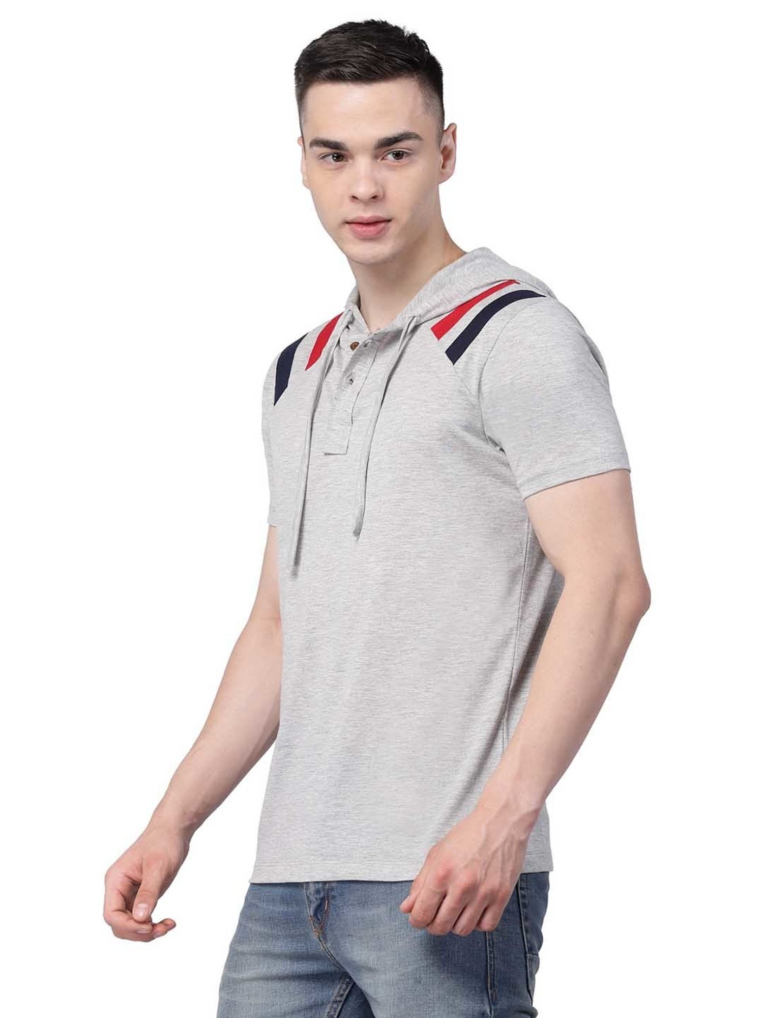 Kalt Light Grey Melange Regular Fit Striped Hooded T-Shirt