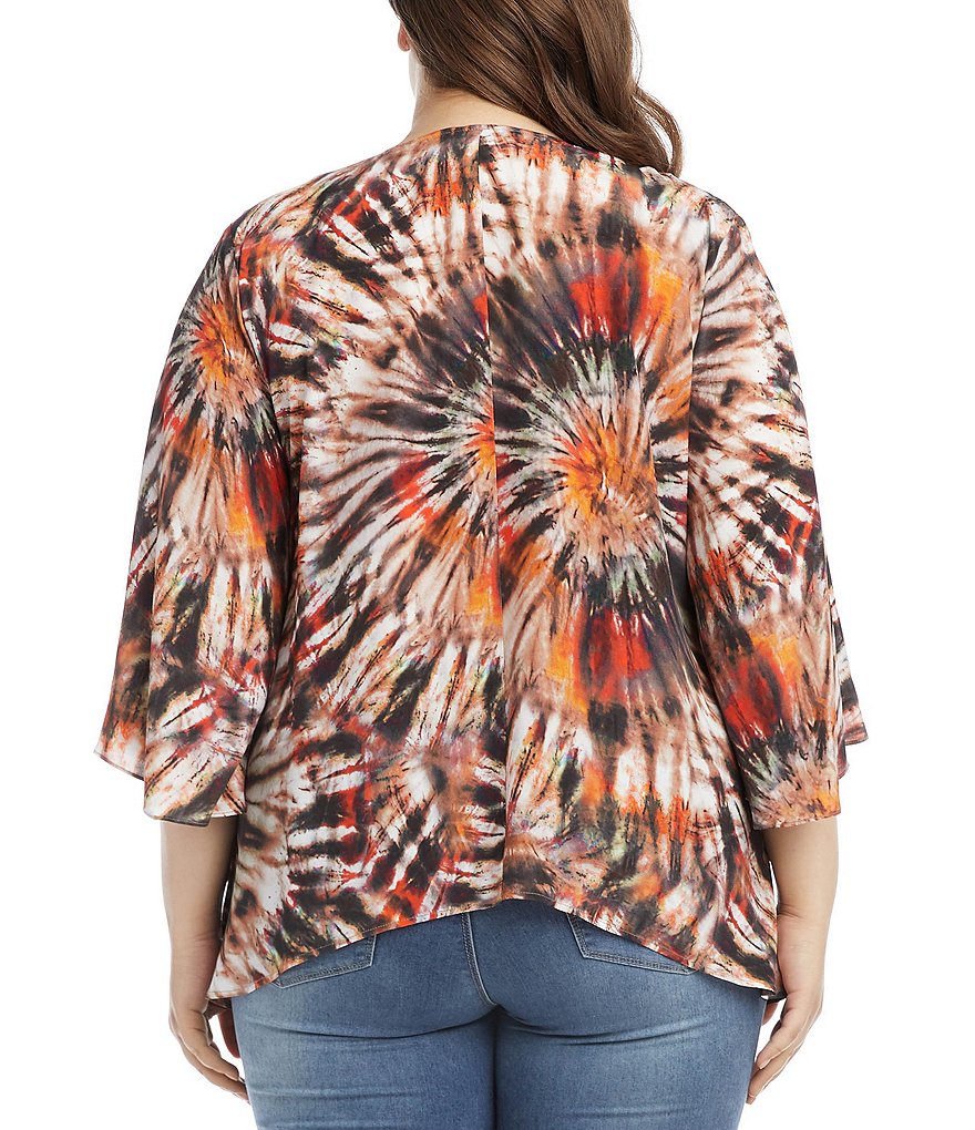 Karen Kane Plus Size Tie Dye Split Round Neck 3/4 Flare Sleeve Handkerchief Hem Top