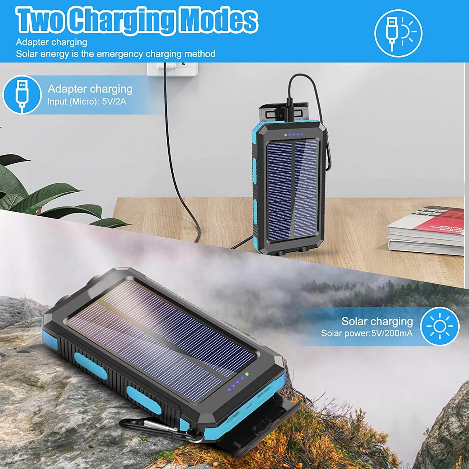 Solar Charger 20000mAh Portable Outdoor Waterproof Solar Power Bank Camping External Backup Battery Pack Dual 5V USB Ports Output 2 Led Light Flashlight with Compass (Blue)
