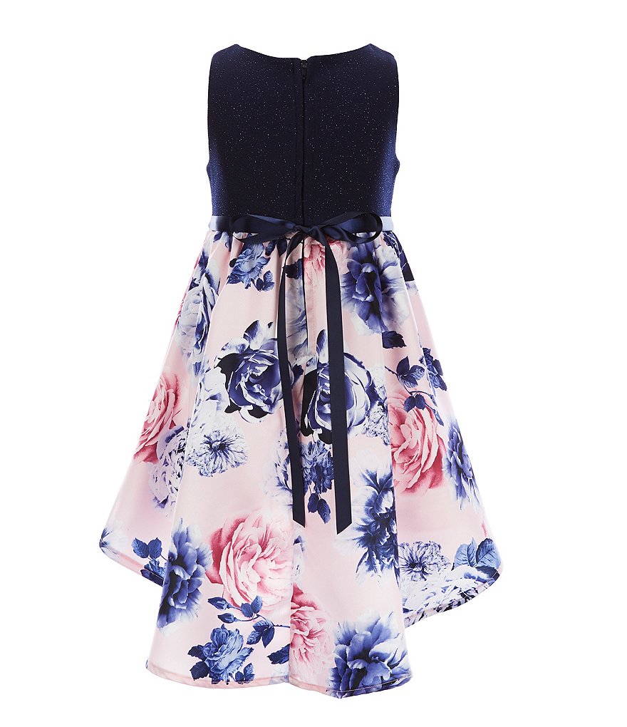 Rare Editions Little Girls 2T-6X Bow-Waist Satin/Jacquard-Stripe Hi-Low Ballgown