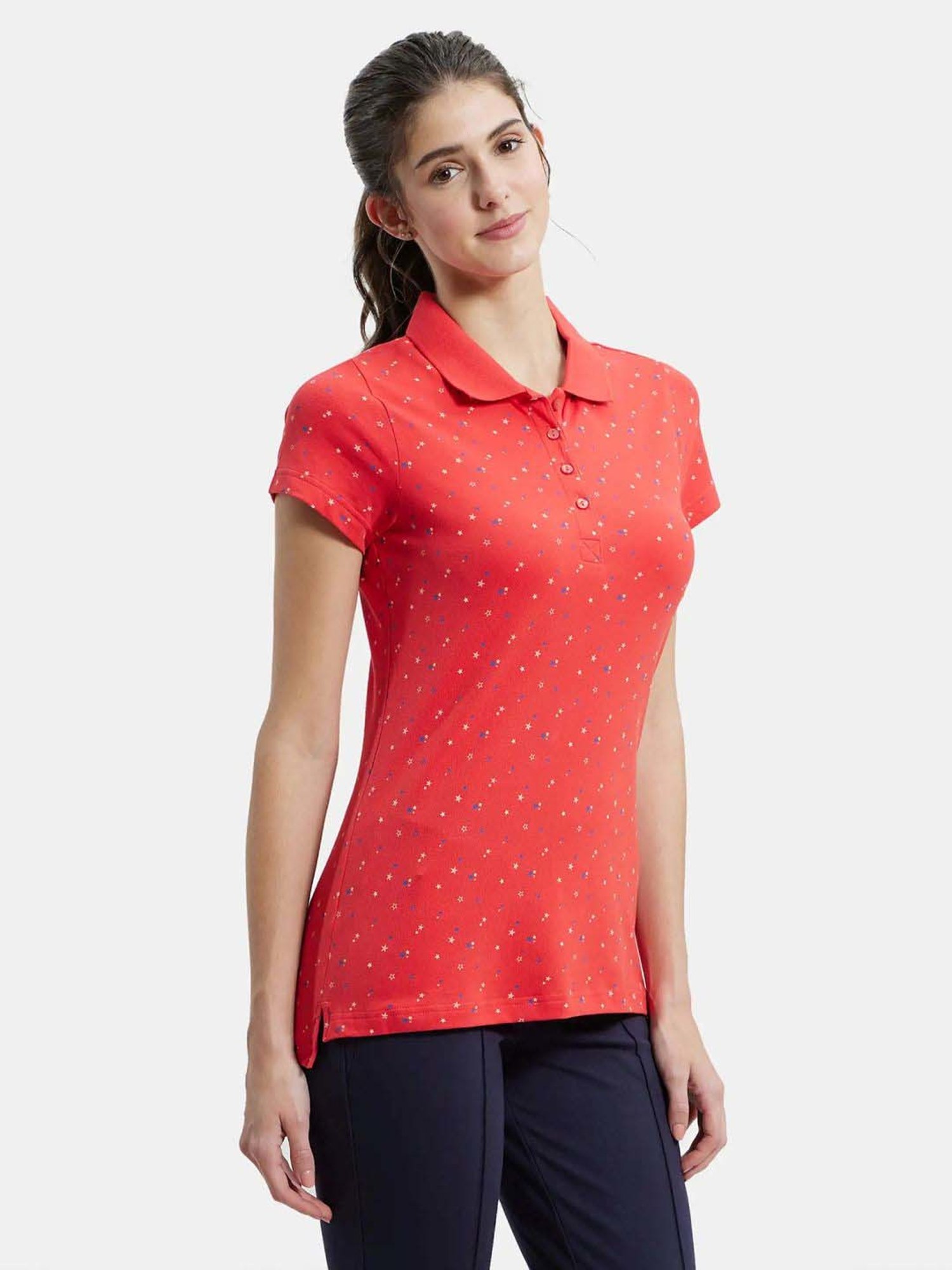Jockey UL34 Women's Super Combed Cotton Pique Regular Fit Printed Polo T-Shirt (Prints May Vary)
