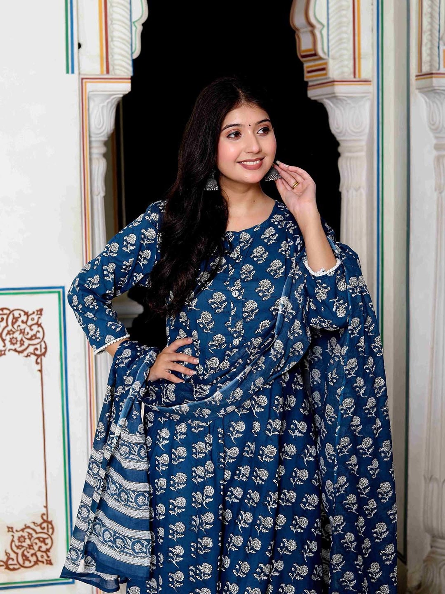 Miravan Blue Floral Print Anarkali Kurta With Dupatta