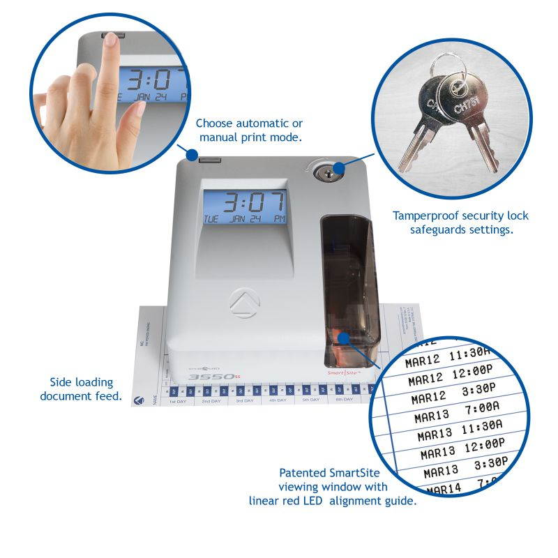 Pyramid Time Systems, Model 3550SS SmartSite Time Clock and Document Stamp, Patented SmartSite LED Linear Light Guide, Includes 25 time Cards, Ribbon, 2 Security Keys and User Guide, Made in USA
