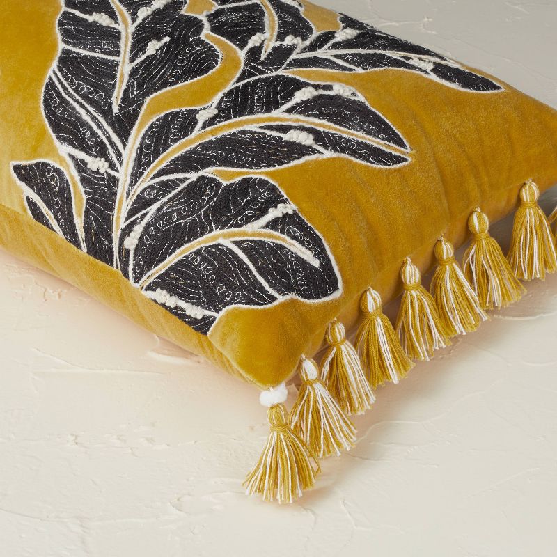 Embroidered Botanical Leaf Velvet Lumbar Throw Pillow Gold - Opalhouse™ designed with Jungalow™
