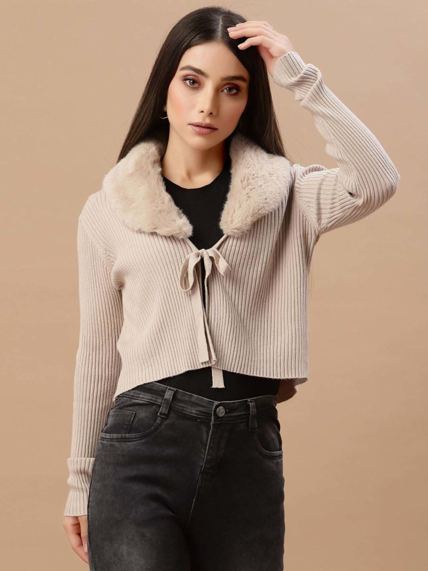 Mafadeny Beige Plain Cropped Cardigan