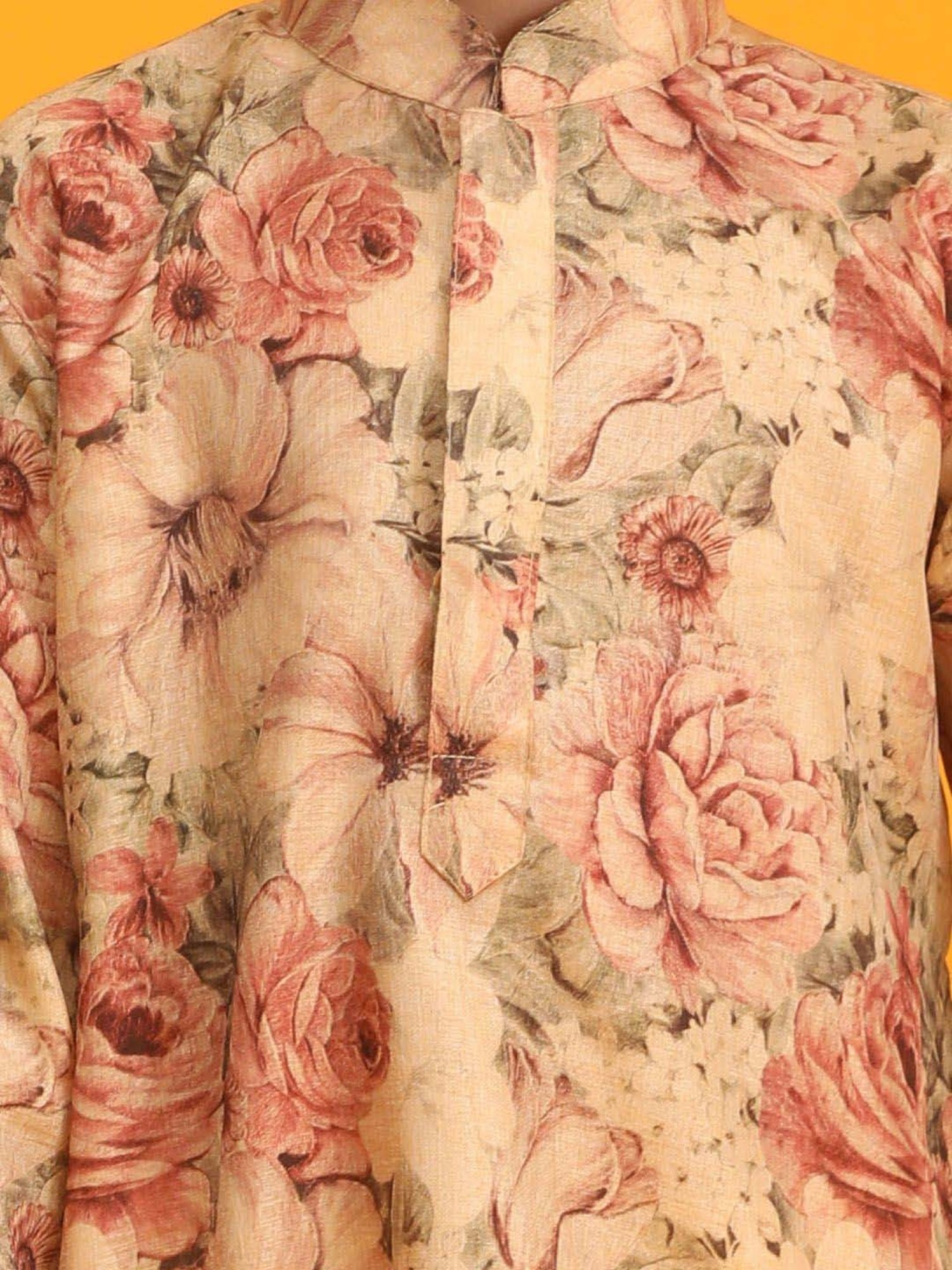 VASTRAMAY Boys Brown Floral Full Sleeves Kurta Sets