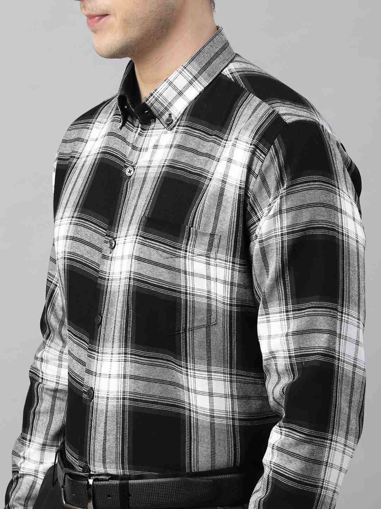 Hancock Black & White Cotton Slim Fit Checks Shirt