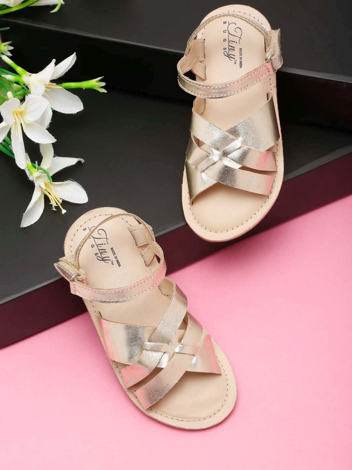 Tiny Bugs Kids Golden Cross Strap Sandals