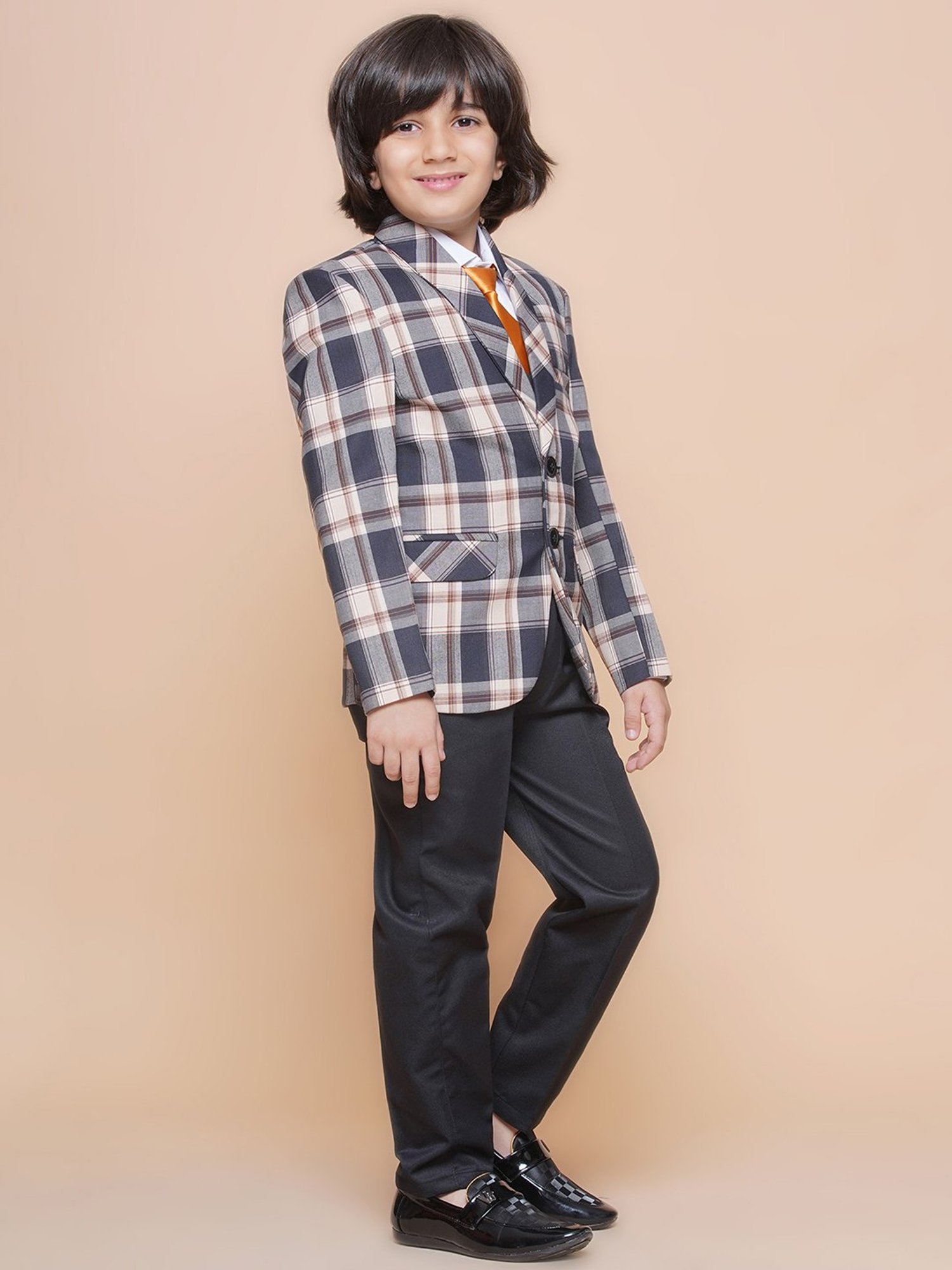 AJ Dezines Kids Beige & Black Checks Full Sleeves Shirt, Pants, Coat, Waistcoat with Tie
