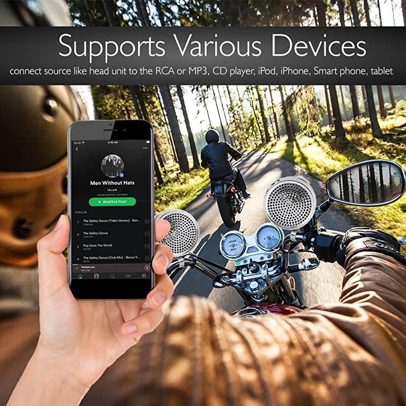 Handlebar Amplifier Motorcycle Speaker System - 1200 Watts Waterproof Motorcycle Speakers & Amp System w/ Dual Handle-Bar Mount, Aluminum Diecast Speakers w/ iPod/MP3 In & USB Charger -  PLMCA90