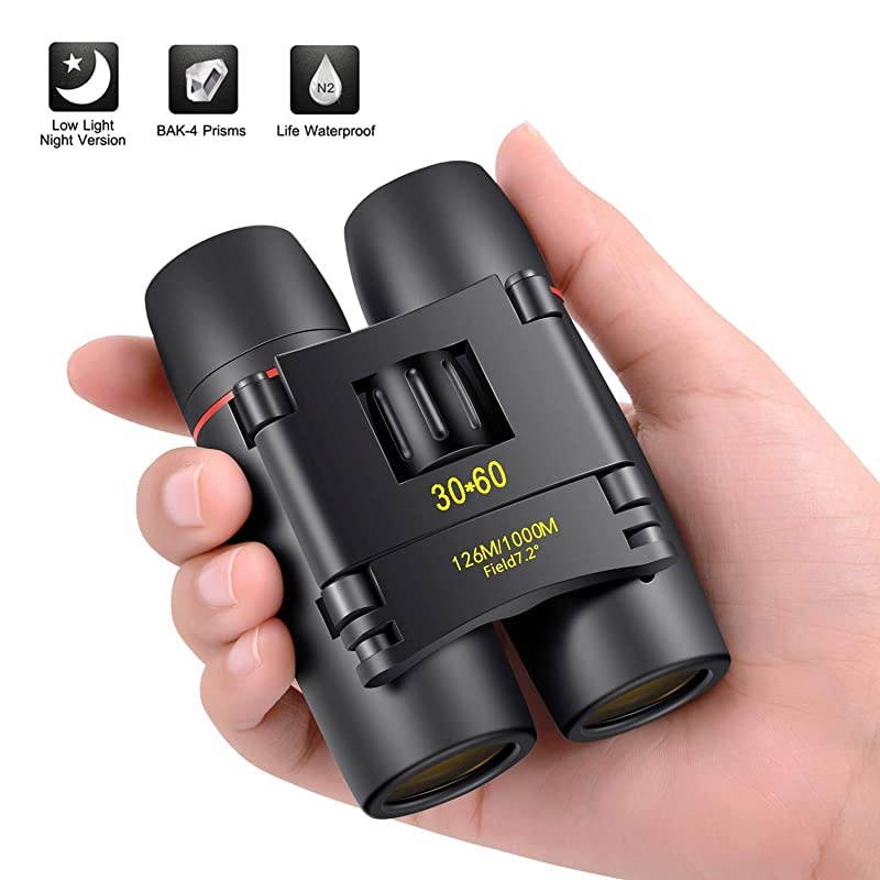 Compact Binoculars Small Folding Binoculars with Night Vision Large Eyepiece Easy Focus for Kids Adults Bird Watching Travel Hunting Concerts Sports Waterproof Telescope with Strap BagBlack