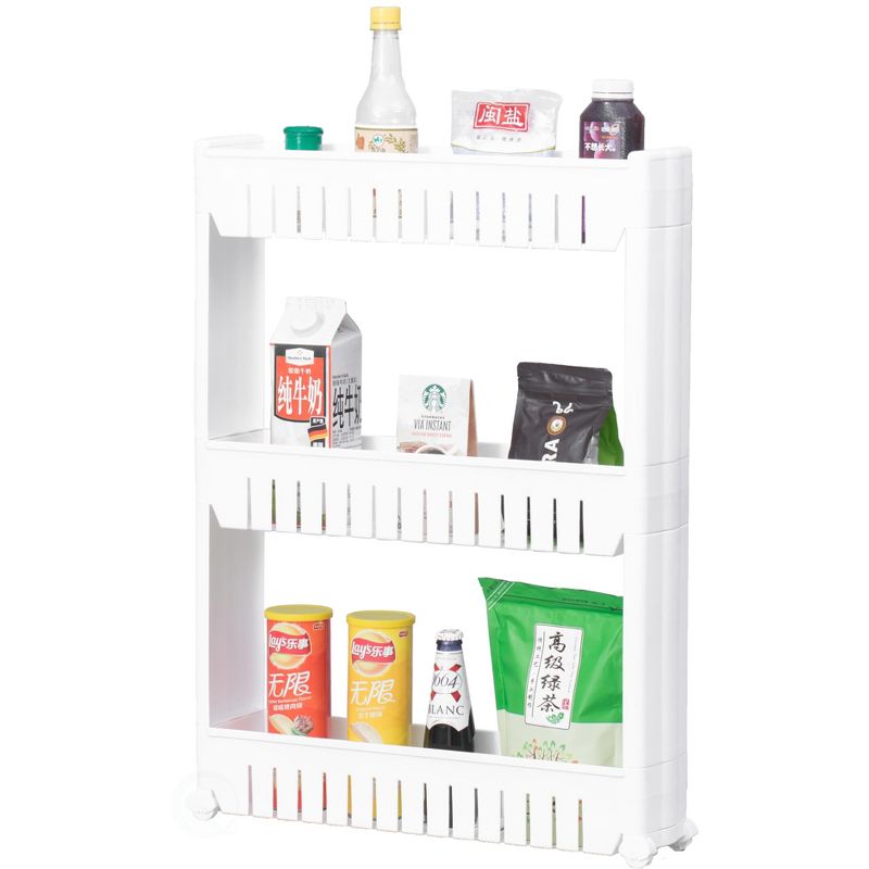 Basicwise Plastic Storage Cabinet Organizer 3 Shelf Cart Rack Tower with Wheels