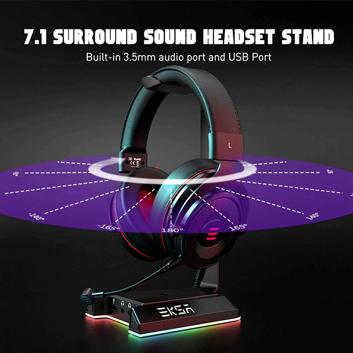 Gaming Headphone Headset Stand, Aluminum RGB Headset Headphone Stand Holder with USB Charger 7.1 Surround Sound and 3.5mm Port Fit for Gamers Gifts Desk Gaming Accessories