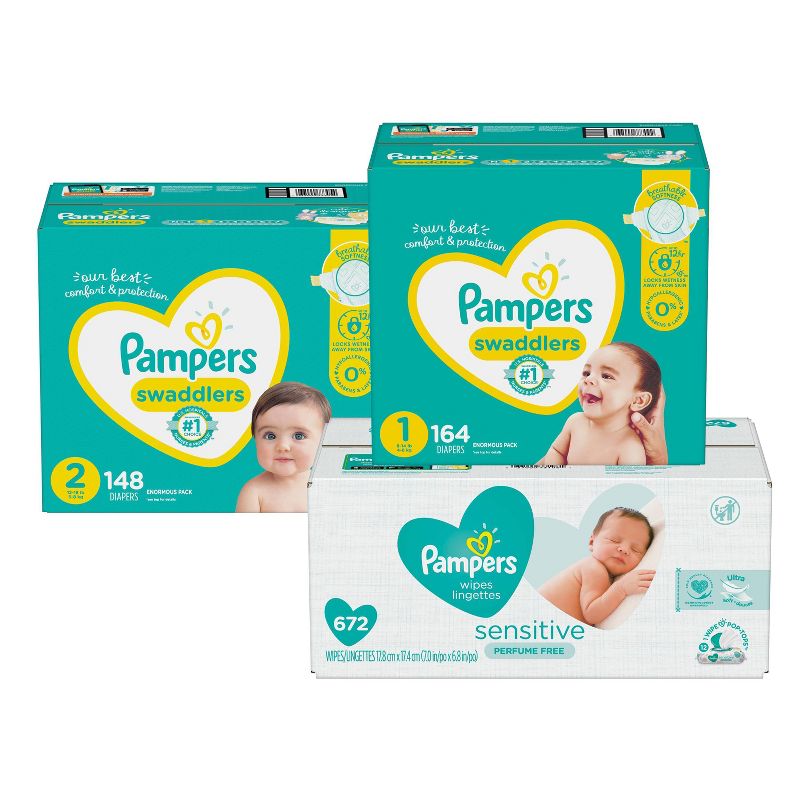 Pampers Swaddlers Disposable Diapers Size 1 - 168ct + Size 2 - 148ct & Pampers Sensitive Baby Wipes - 672ct - Bundle