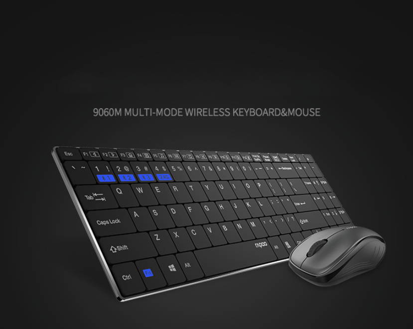 Rapoo 9060M Ergonomic Design, Ultra-thin Wireless 3 Modes(Bluetooth4.0and 3.0, 2.4GHz Wireless) Connection Keyboard And 1300DPI Silent Mouse Combo For Office And Game - Black