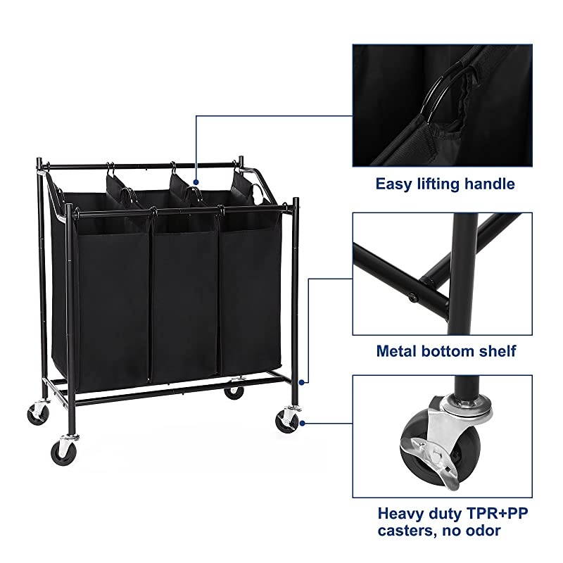 Laundry Cart Sorter on Wheels with 3 Removable Bags Black