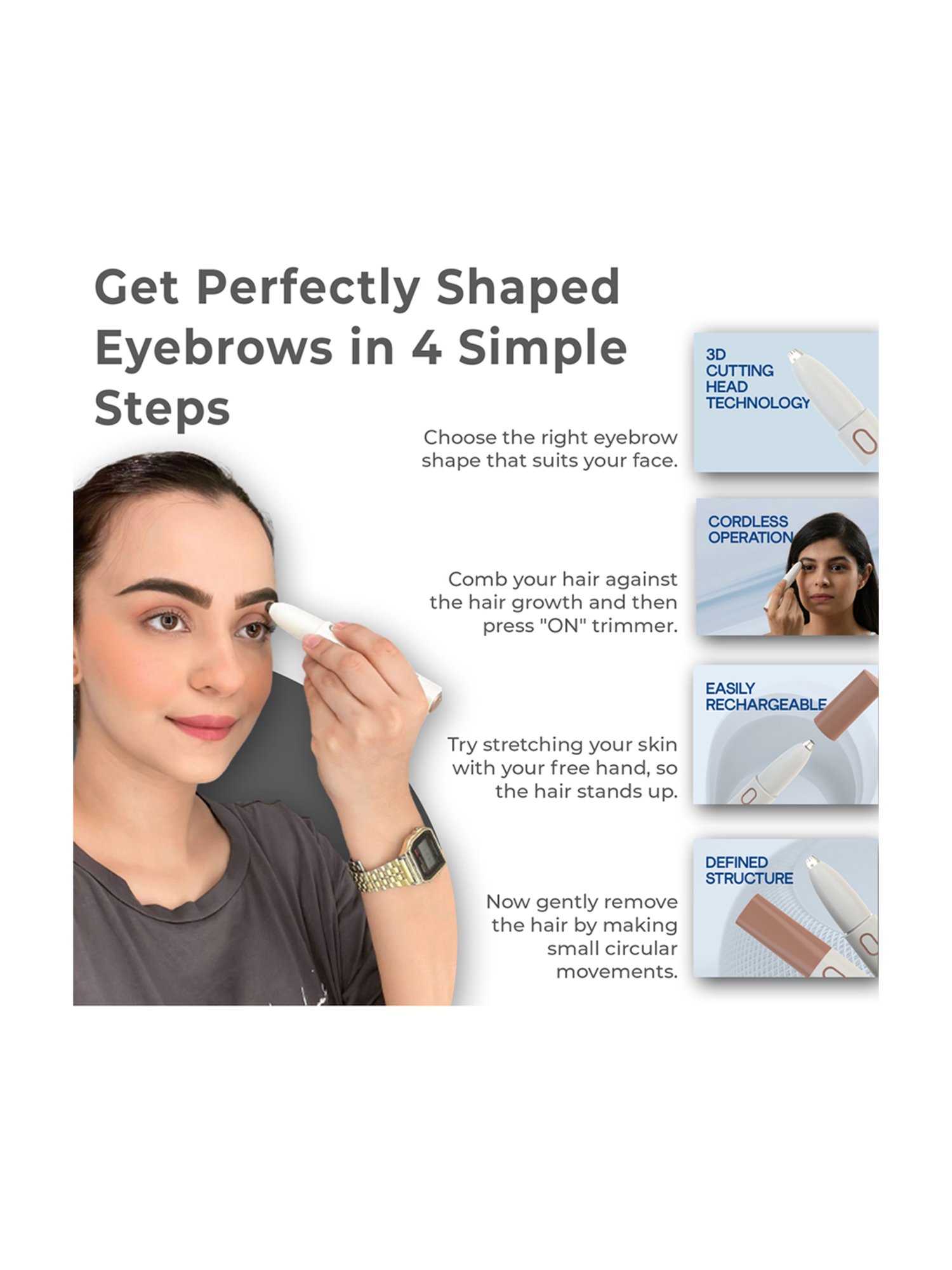 WINSTON Rechargeable Eyebrow Trimmer for Painless Hair Removal (White)