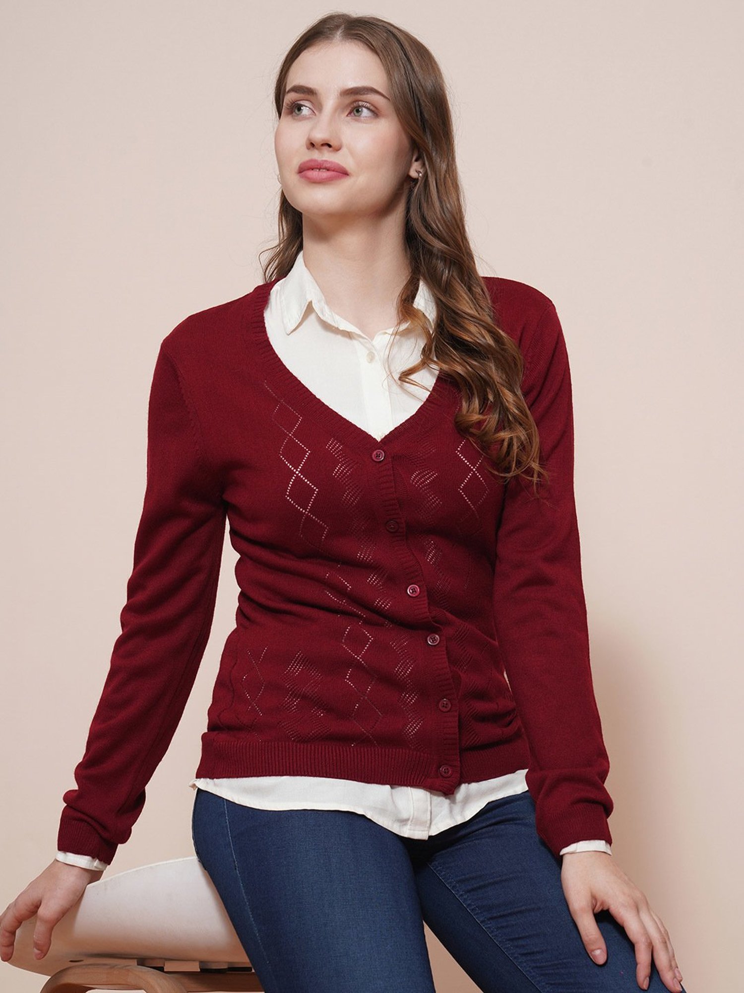 Globus Maroon Printed Sweater